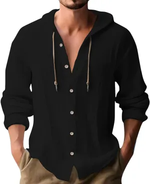 Men's Linen Hooded Shirts Casual Button Down Long Sleeve Hoodies Solid Spread Collar Summer Beach Shirt Tops