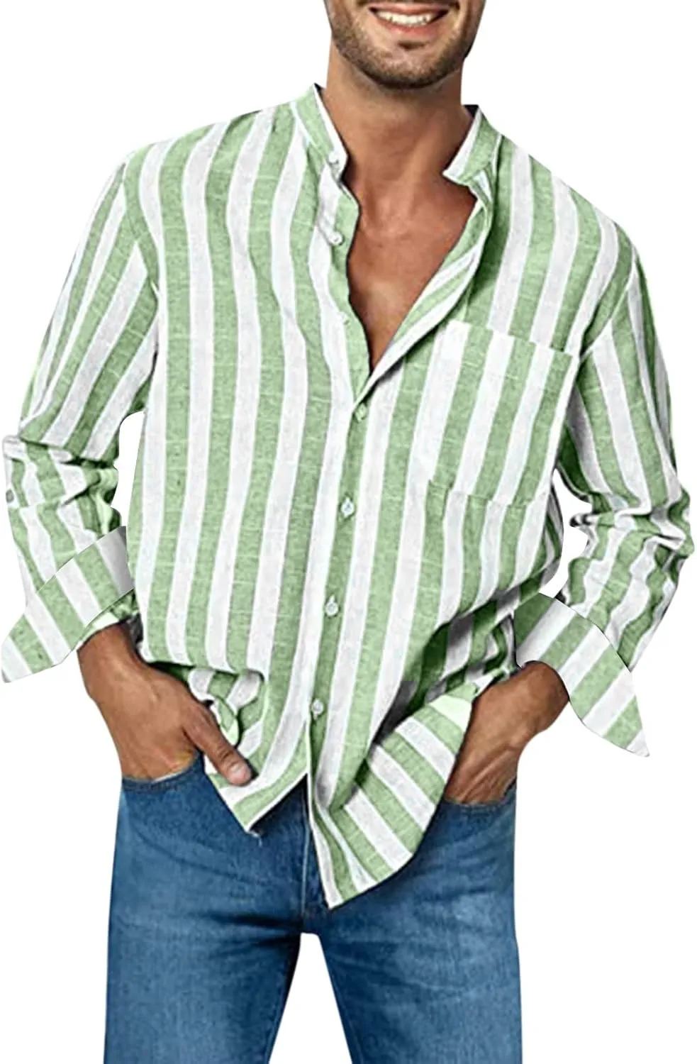 Men's Linen Striped Dress Shirts Long Sleeve Big and Tall Casual Button Down Office Work Shirts Summer Holiday Beach Shirts