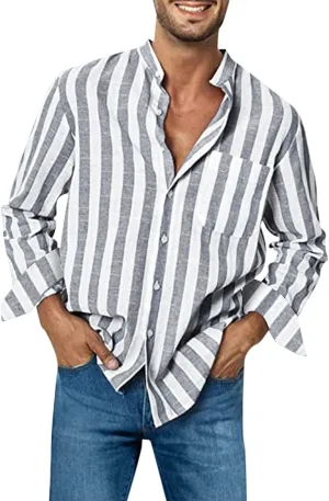 Men's Linen Striped Dress Shirts Long Sleeve Big and Tall Casual Button Down Office Work Shirts Summer Holiday Beach Shirts