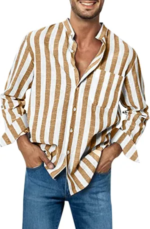 Men's Linen Striped Dress Shirts Long Sleeve Big and Tall Casual Button Down Office Work Shirts Summer Holiday Beach Shirts