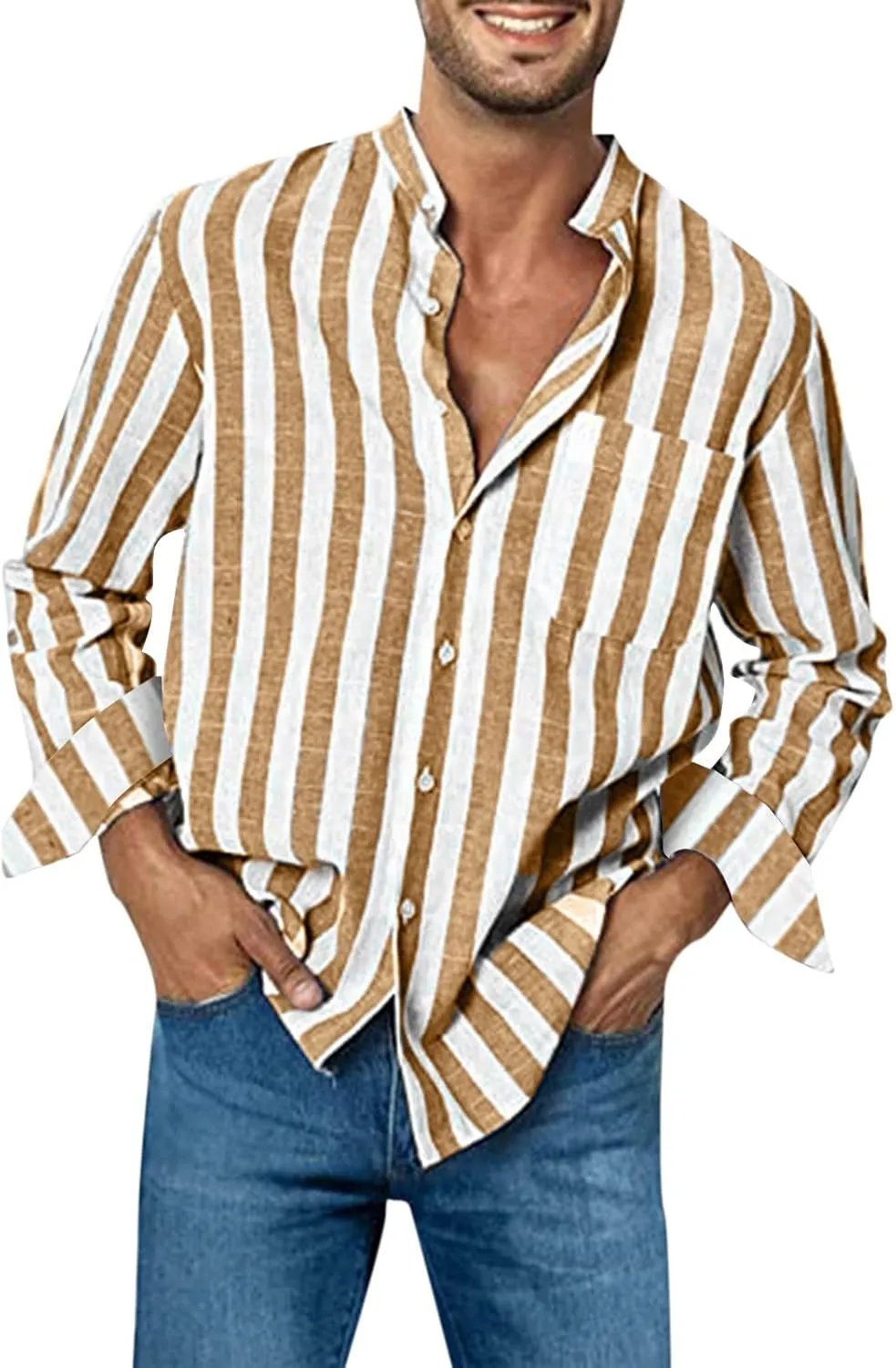 Men's Linen Striped Dress Shirts Long Sleeve Big and Tall Casual Button Down Office Work Shirts Summer Holiday Beach Shirts