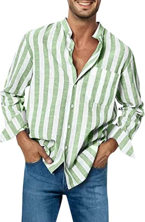 Men's Linen Striped Dress Shirts Long Sleeve Big and Tall Casual Button Down Office Work Shirts Summer Holiday Beach Shirts