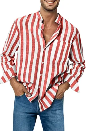 Men's Linen Striped Dress Shirts Long Sleeve Big and Tall Casual Button Down Office Work Shirts Summer Holiday Beach Shirts