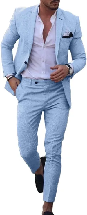 Men's Linen Suits 2-Piece Set - Summer Beach Wedding Groom Suit for Men Prom Tuxedo Jacket & Pants