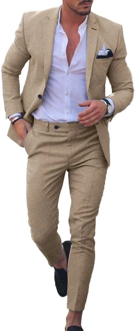 Men's Linen Suits 2-Piece Set - Summer Beach Wedding Groom Suit for Men Prom Tuxedo Jacket & Pants