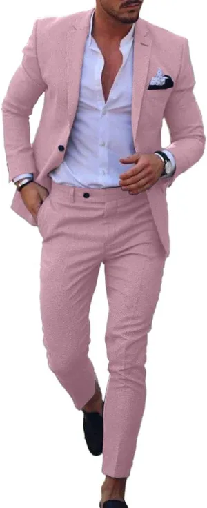 Men's Linen Suits 2-Piece Set - Summer Beach Wedding Groom Suit for Men Prom Tuxedo Jacket & Pants