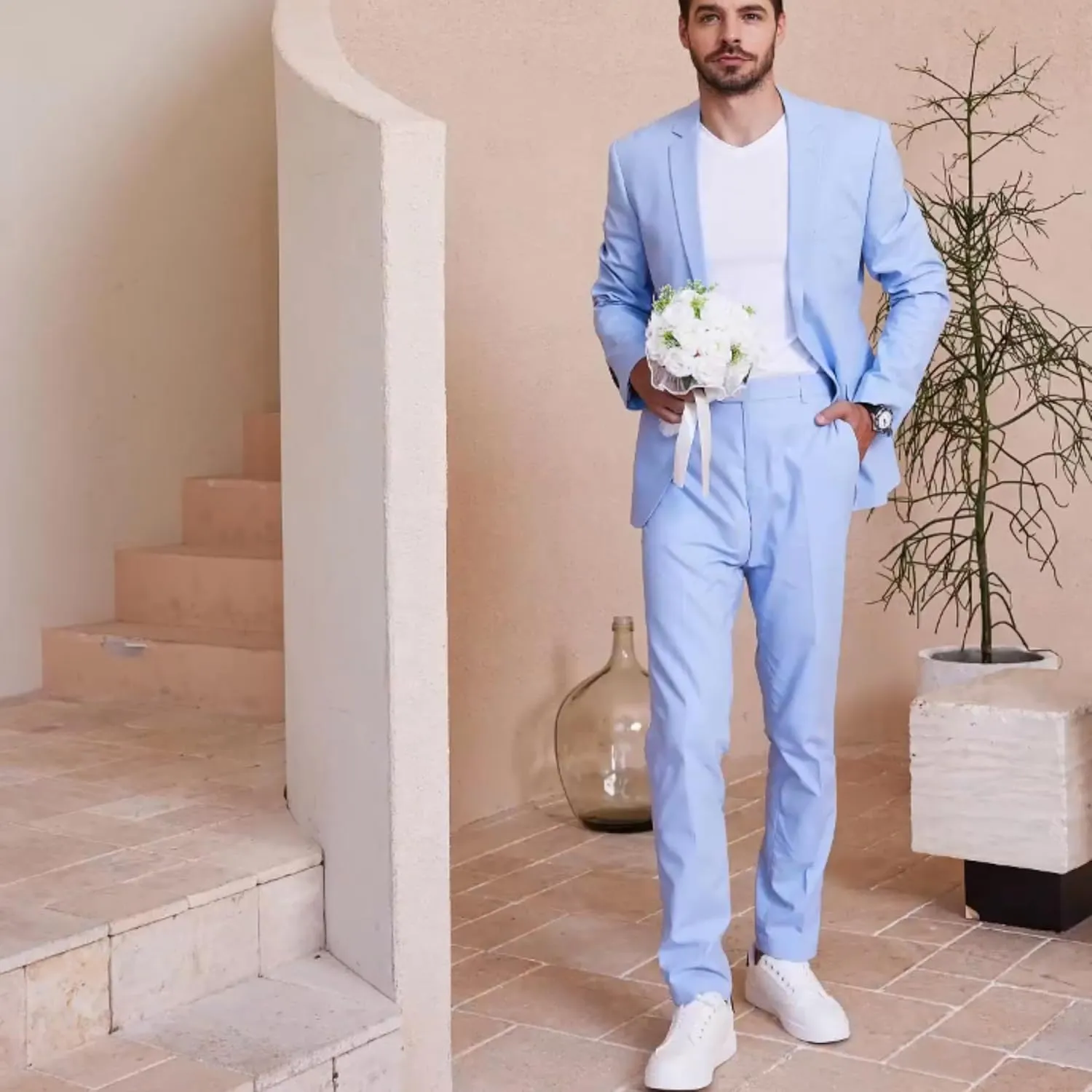 Men's Linen Suits 2-Piece Set - Summer Beach Wedding Groom Suit for Men Prom Tuxedo Jacket & Pants