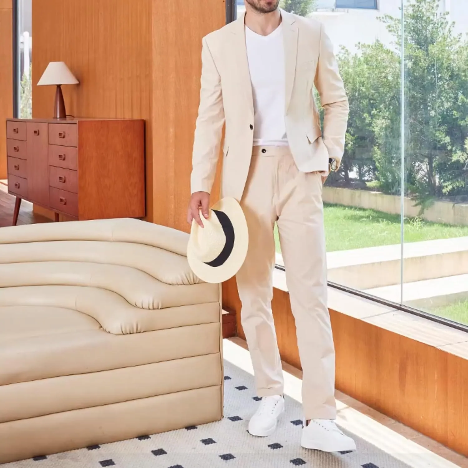 Men's Linen Suits 2-Piece Set - Summer Beach Wedding Groom Suit for Men Prom Tuxedo Jacket & Pants