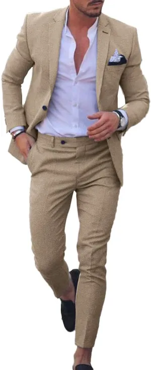 Men's Linen Suits 2-Piece Set - Summer Beach Wedding Groom Suit for Men Prom Tuxedo Jacket & Pants