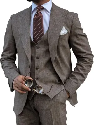 Mens Linen Suits 3 Piece Summer Wedding Suit Men Slim Fit Suits Linen Blazer Vest Pants Set Lightweight