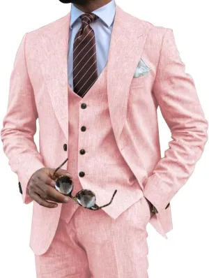 Mens Linen Suits 3 Piece Summer Wedding Suit Men Slim Fit Suits Linen Blazer Vest Pants Set Lightweight