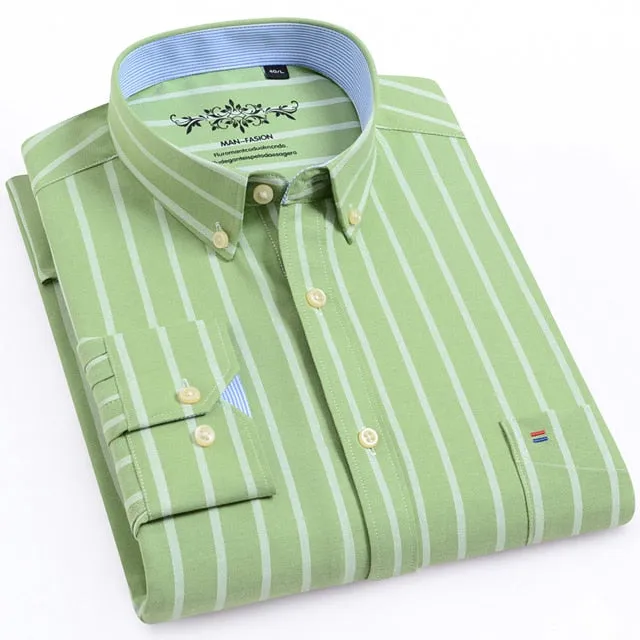 Men's Long Sleeve Oxford Plaid Striped Casual Shirt Front Patch Chest Pocket Regular-fit Button-down Collar Thick Work Shirts