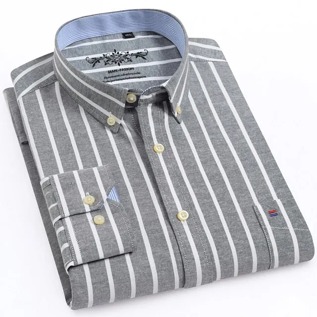 Men's Long Sleeve Oxford Plaid Striped Casual Shirt Front Patch Chest Pocket Regular-fit Button-down Collar Thick Work Shirts