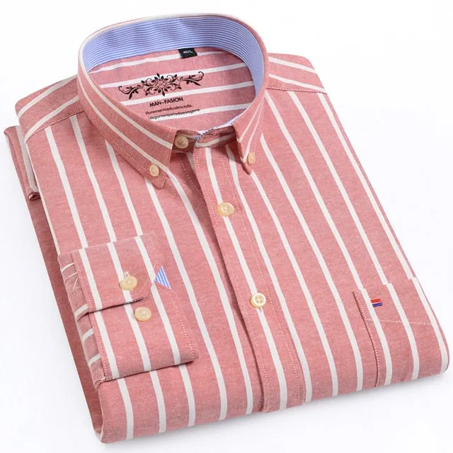 Men's Long Sleeve Oxford Plaid Striped Casual Shirt Front Patch Chest Pocket Regular-fit Button-down Collar Thick Work Shirts