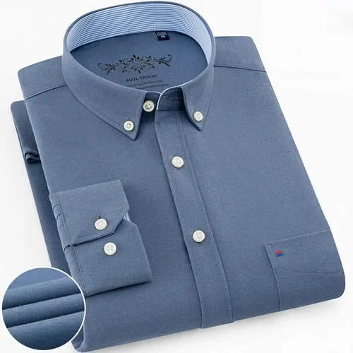 Men's Long Sleeve Oxford Plaid Striped Casual Shirt Front Patch Chest Pocket Regular-fit Button-down Collar Thick Work Shirts