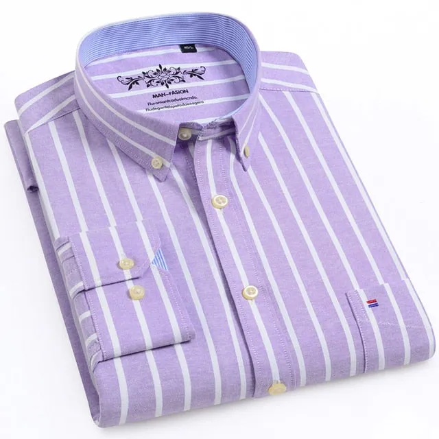 Men's Long Sleeve Oxford Plaid Striped Casual Shirt Front Patch Chest Pocket Regular-fit Button-down Collar Thick Work Shirts