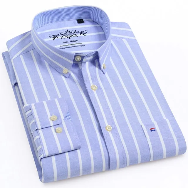 Men's Long Sleeve Oxford Plaid Striped Casual Shirt Front Patch Chest Pocket Regular-fit Button-down Collar Thick Work Shirts