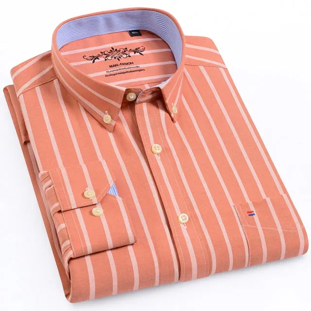 Men's Long Sleeve Oxford Plaid Striped Casual Shirt Front Patch Chest Pocket Regular-fit Button-down Collar Thick Work Shirts
