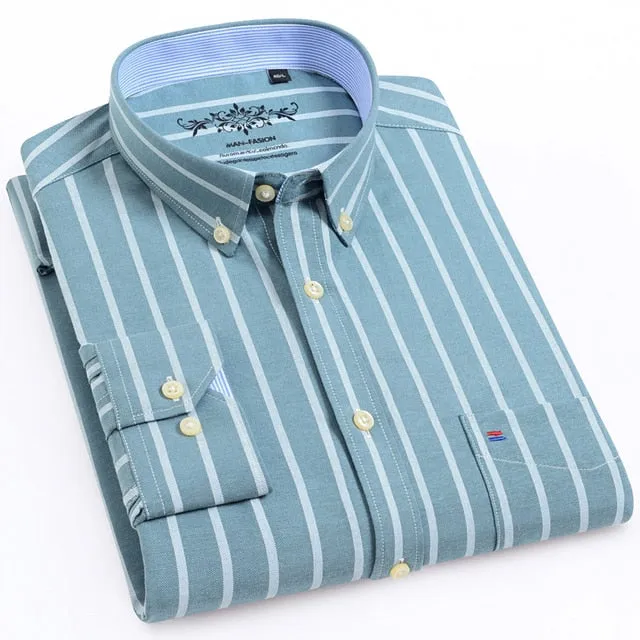 Men's Long Sleeve Oxford Plaid Striped Casual Shirt Front Patch Chest Pocket Regular-fit Button-down Collar Thick Work Shirts