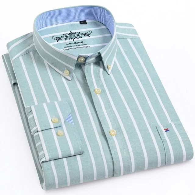 Men's Long Sleeve Oxford Plaid Striped Casual Shirt Front Patch Chest Pocket Regular-fit Button-down Collar Thick Work Shirts
