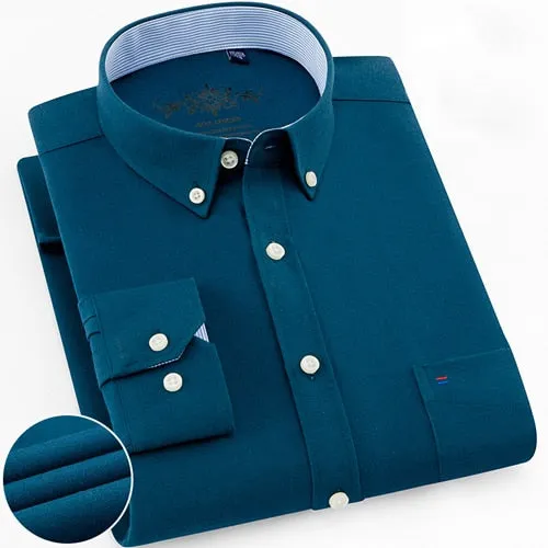 Men's Long Sleeve Oxford Plaid Striped Casual Shirt Front Patch Chest Pocket Regular-fit Button-down Collar Thick Work Shirts