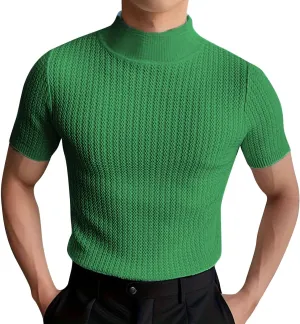Men's Mock Turtleneck Sweater Trendy Knit Short Sleeve T Shirts Ribbed Knit Pullover Slim Fit Basic Solid Tees 2025