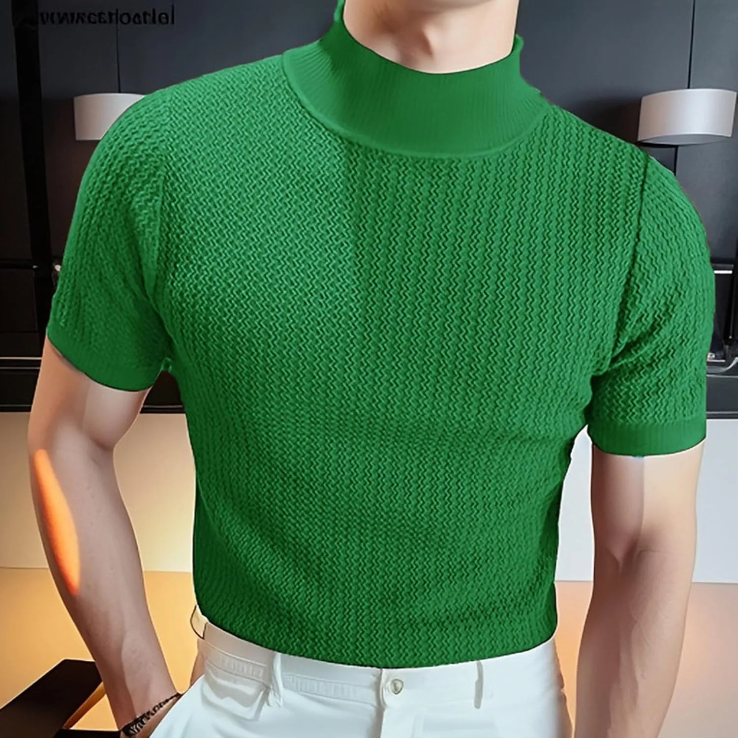 Men's Mock Turtleneck Sweater Trendy Knit Short Sleeve T Shirts Ribbed Knit Pullover Slim Fit Basic Solid Tees 2025