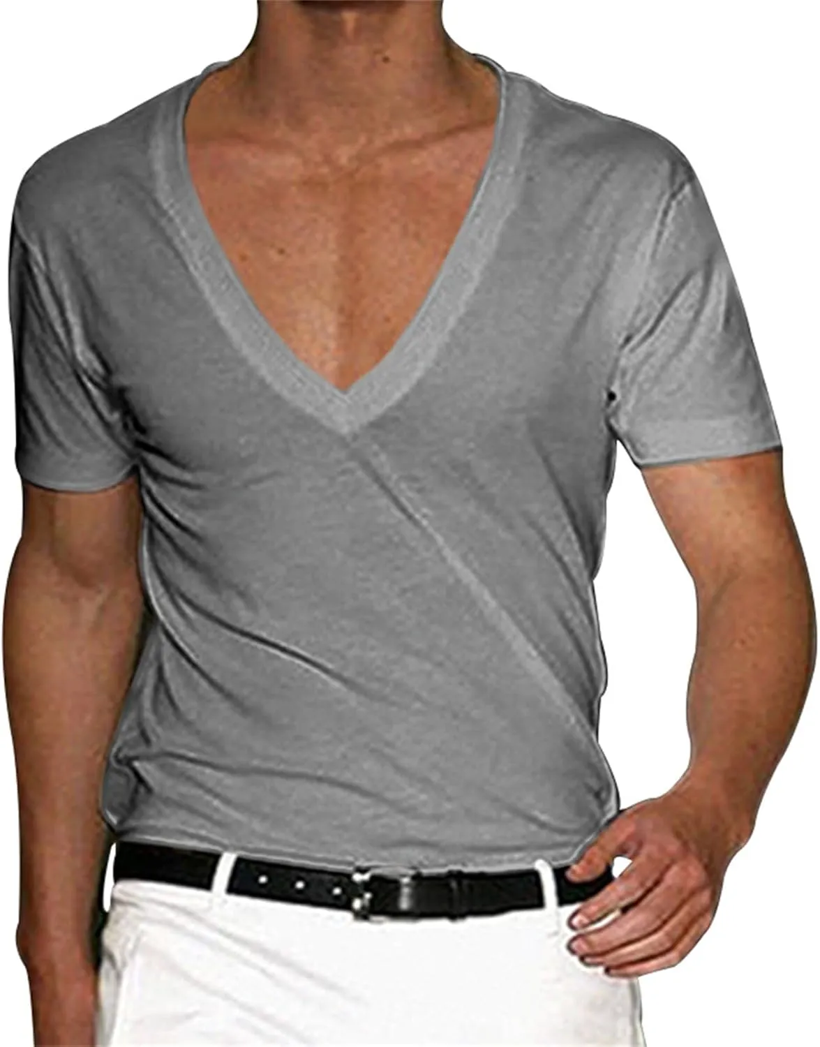 Mens Muscle T-Shirts Deep V Neck T Shirt Short Sleeve Workout T Shirts Gym Athletic Tee Shirts Bodybuilding T-Shirt