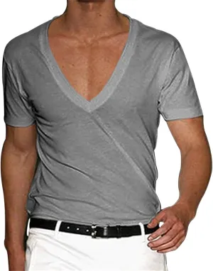 Mens Muscle T-Shirts Deep V Neck T Shirt Short Sleeve Workout T Shirts Gym Athletic Tee Shirts Bodybuilding T-Shirt