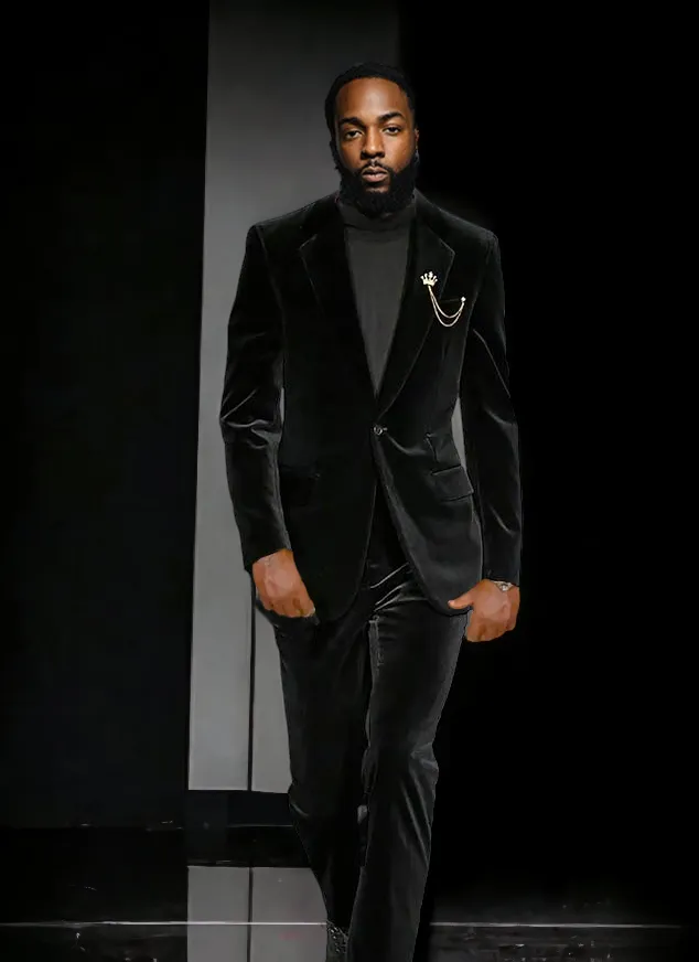 Men's One-Button Velvet Tuxedo Suit: Luxurious Blazer & Slim-Fit Pants