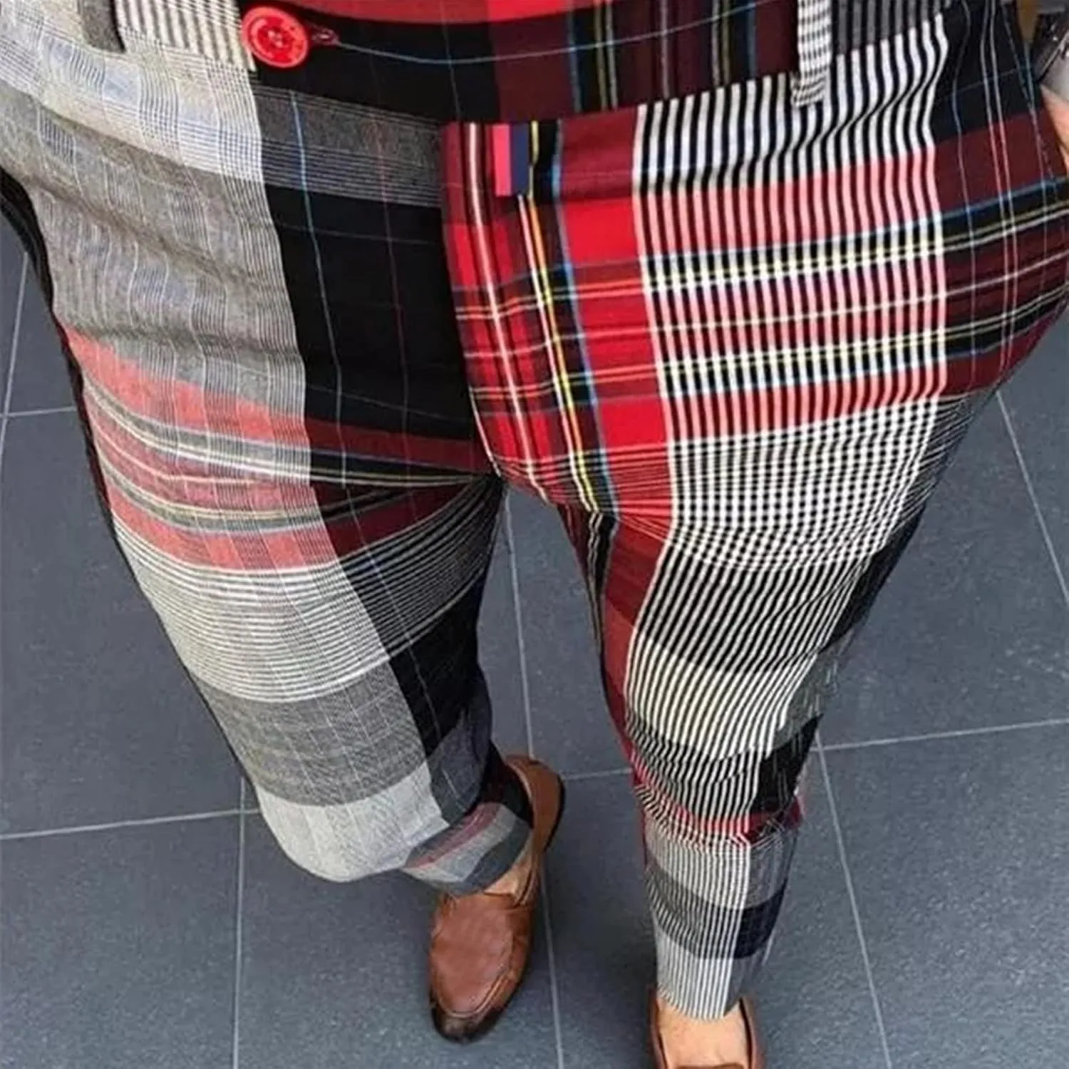 Mens Plaid Stretch Dress Pants Slim Fit Skinny Chino Pant Tapered Leg Checkered Casual Business Golf Work Suit Pants