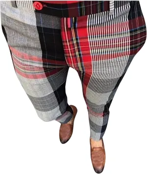 Mens Plaid Stretch Dress Pants Slim Fit Skinny Chino Pant Tapered Leg Checkered Casual Business Golf Work Suit Pants