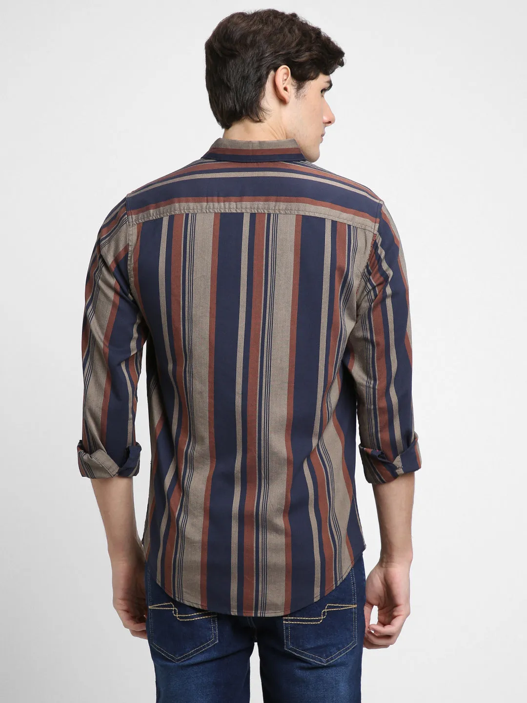 Men's Regular Collar Slim Fit Stripes Navy Casual Shirts