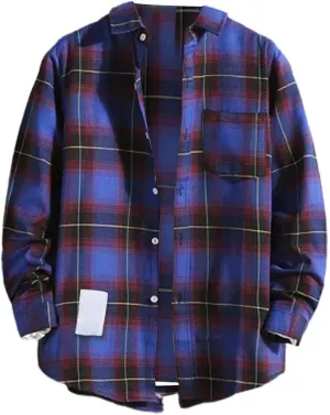 Mens Resort Wear 2025 Casual Plaid Flannel Long Sleeve Button Down Shirts Loose Fit Sun Protection Shirt for Travel