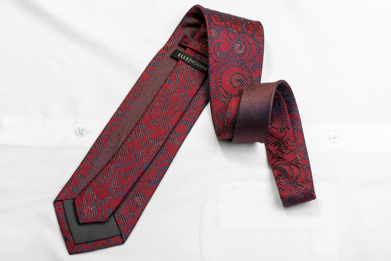 Men's Rhinestone Silk Necktie Burgundy Acanthus On Navy With Green Sparkles