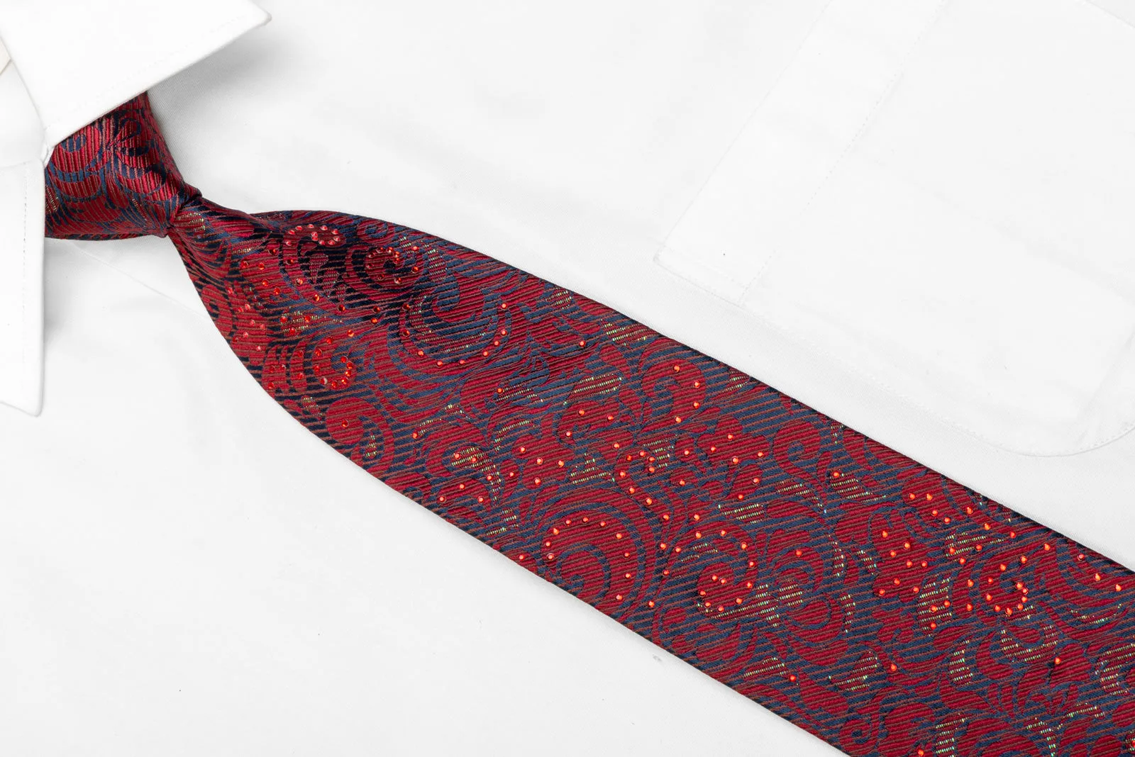 Men's Rhinestone Silk Necktie Burgundy Acanthus On Navy With Green Sparkles