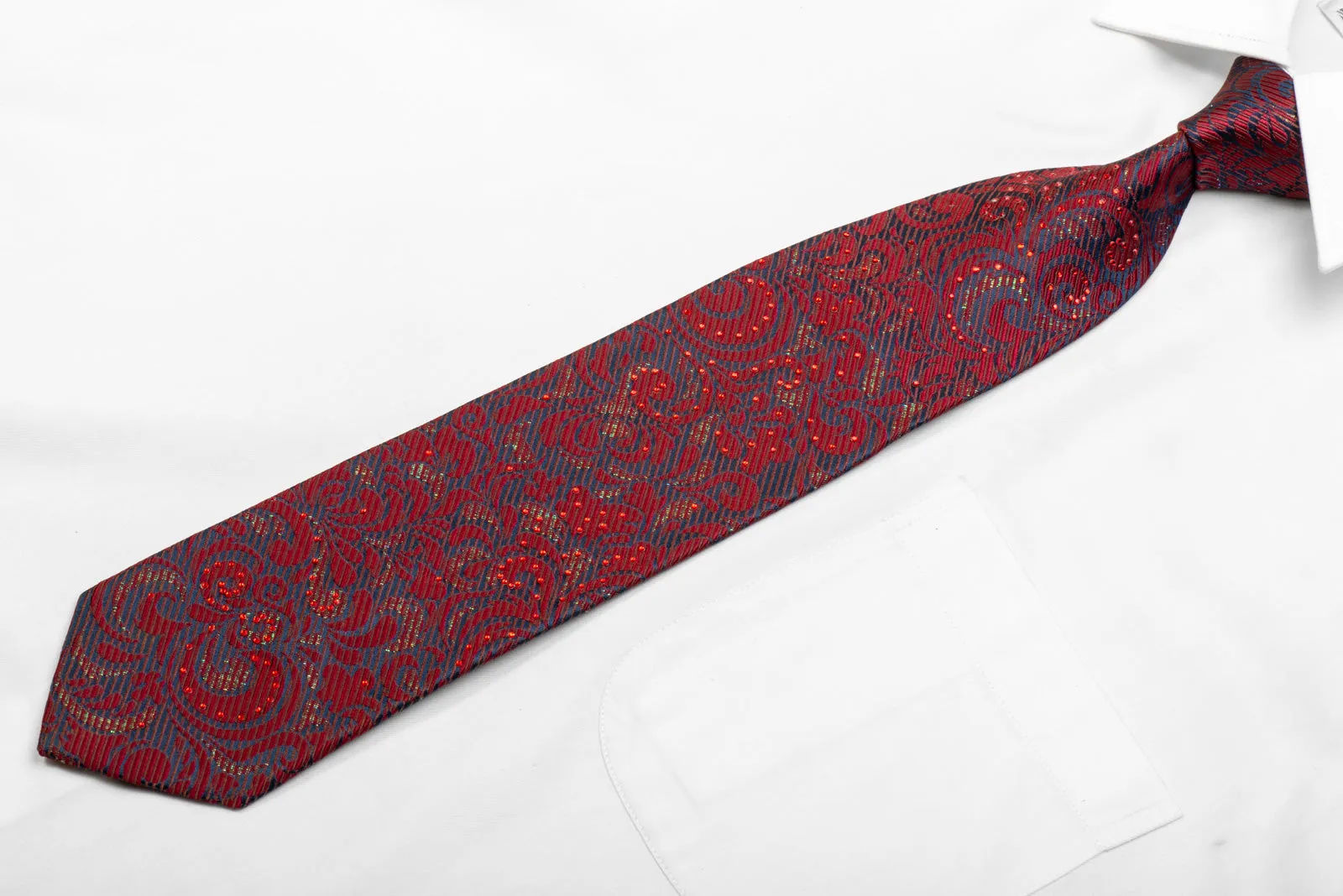 Men's Rhinestone Silk Necktie Burgundy Acanthus On Navy With Green Sparkles