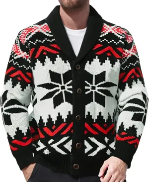 Men's Shawl Collar Cardigan Sweater Long Sleeve Button Down Cable Knit Jacquard Casual Sweater Jacket