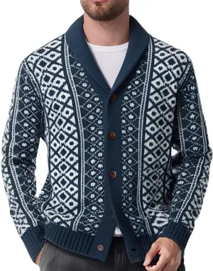 Men's Shawl Collar Cardigan Sweater Long Sleeve Button Down Cable Knit Jacquard Casual Sweater