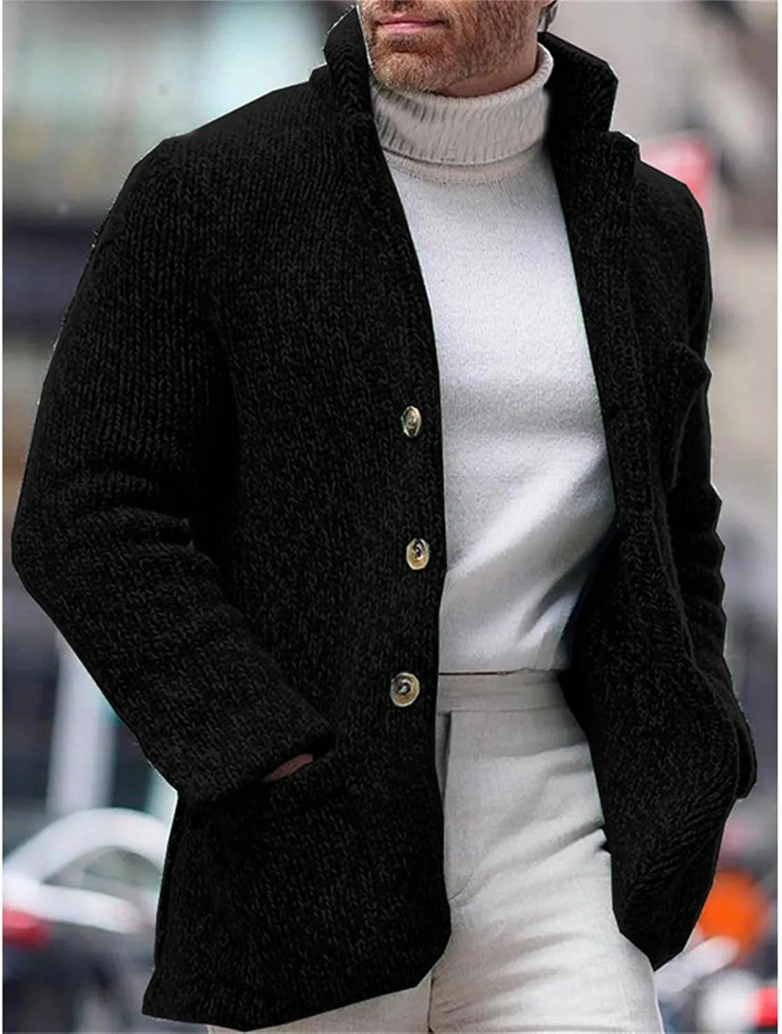 Men's Shawl Collar Cardigan Sweater Slim Fit Button Down Cable Knitted Sweater with Pockets Fall Winter
