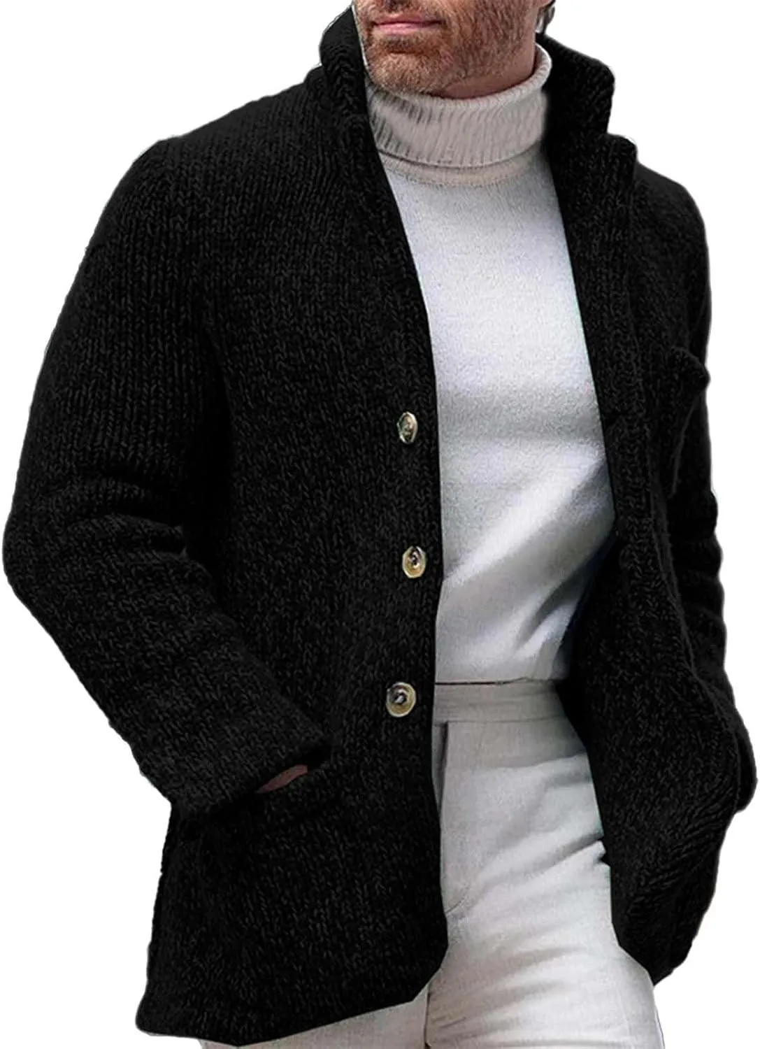 Men's Shawl Collar Cardigan Sweater Slim Fit Button Down Cable Knitted Sweater with Pockets Fall Winter