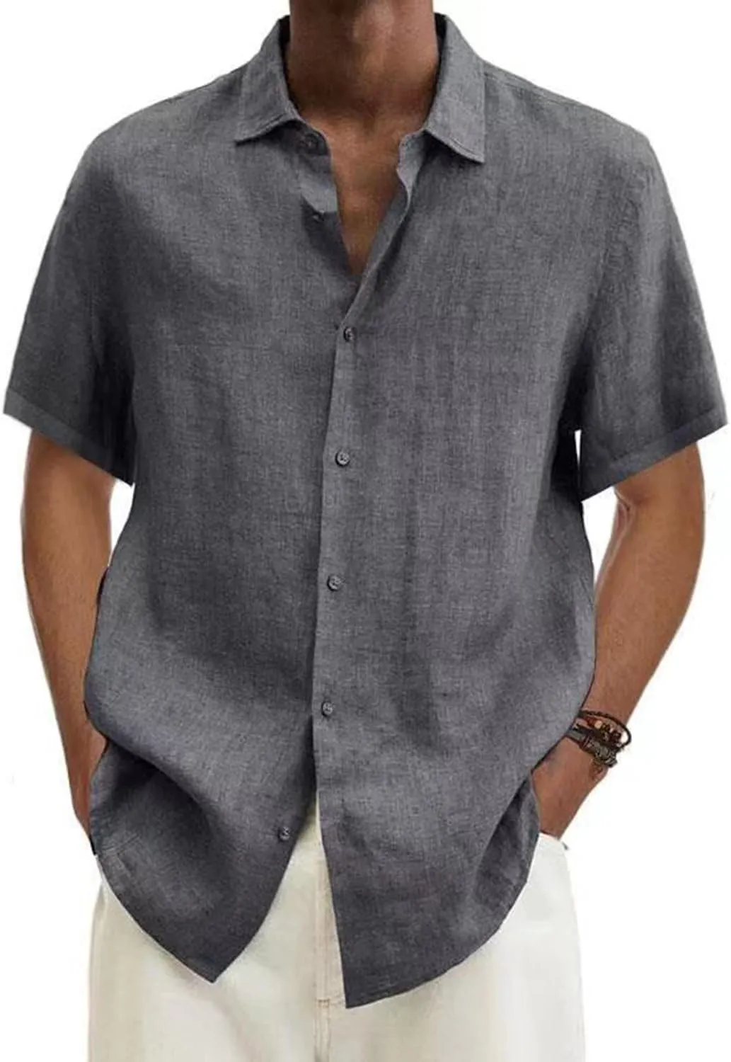 Mens Shirts Casual Stylish Summer Button Up Short Sleeve Cotton Linen Shirt Regular-Fit Solid Vacation Beach Tee Top