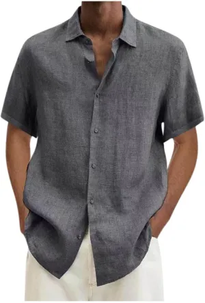 Mens Shirts Casual Stylish Summer Button Up Short Sleeve Cotton Linen Shirt Regular-Fit Solid Vacation Beach Tee Top