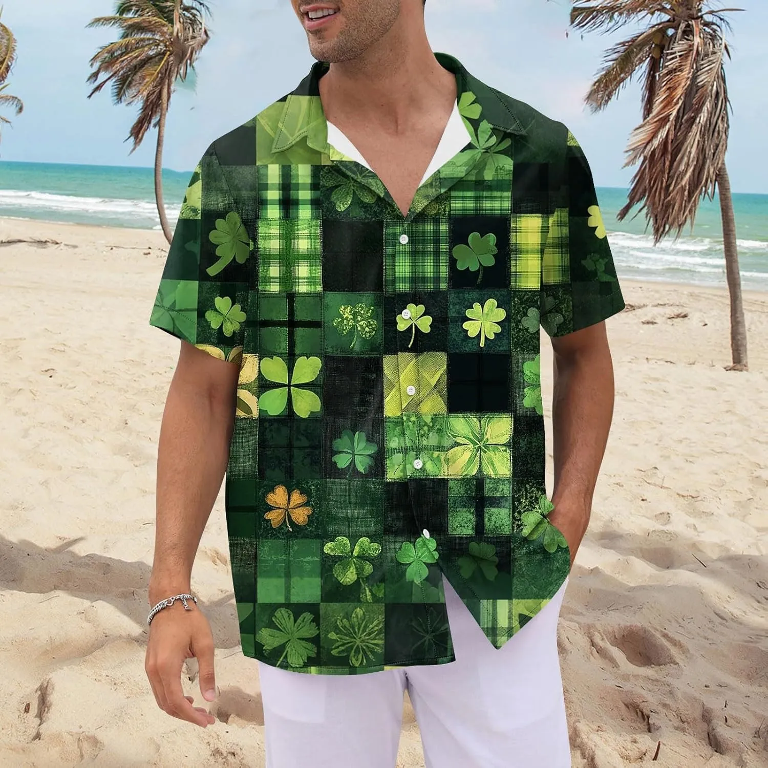 Mens Short Sleeve Shirts Hawaii Print Tops Casual Button Down Shirts for Men Beach Summer Vacation Wedding Tops