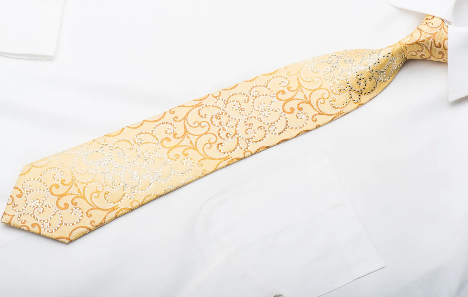 Men's Silk Necktie Damask Scrolls On Yellow Silk Sparkling With Crystal Rhinestones