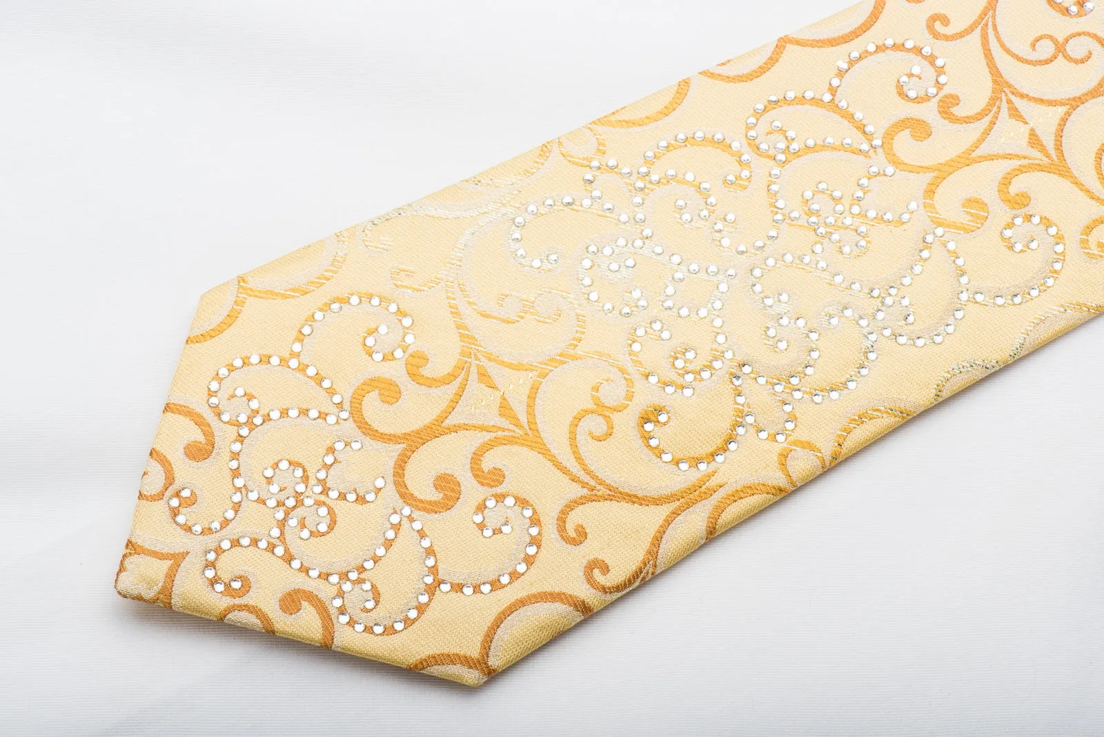 Men's Silk Necktie Damask Scrolls On Yellow Silk Sparkling With Crystal Rhinestones