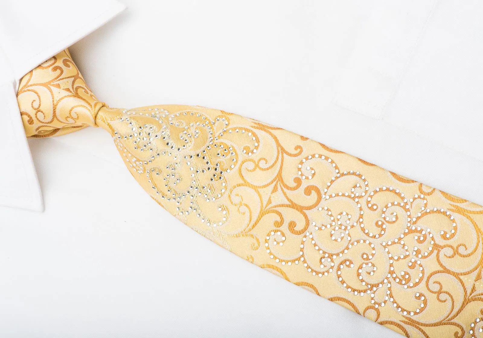 Men's Silk Necktie Damask Scrolls On Yellow Silk Sparkling With Crystal Rhinestones