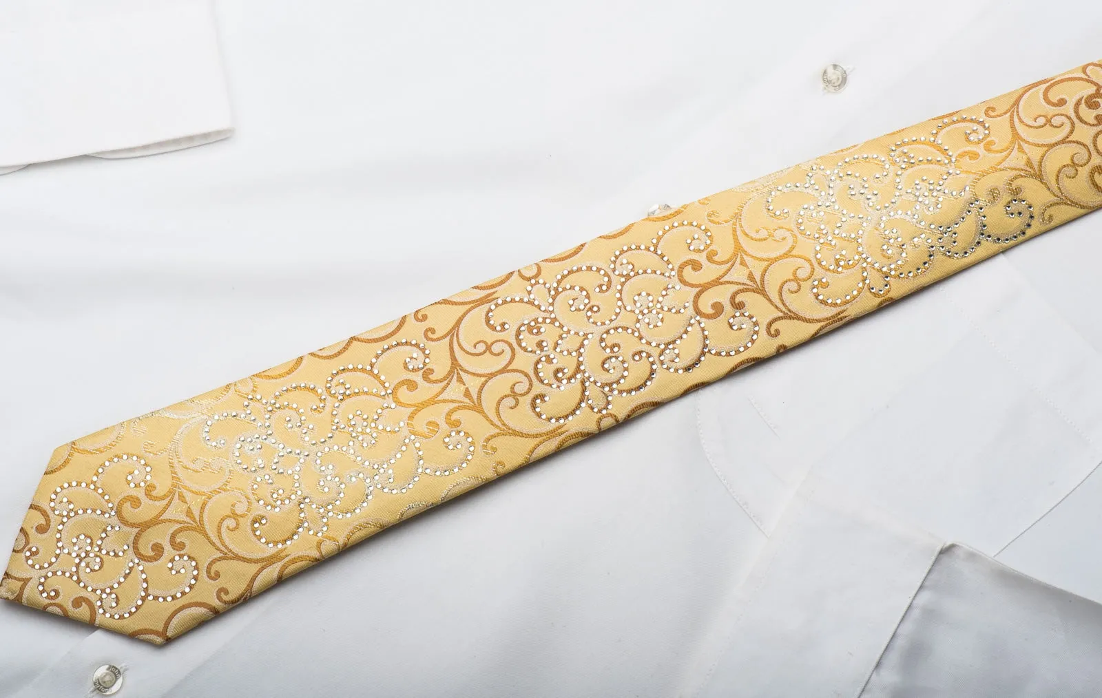 Men's Silk Necktie Damask Scrolls On Yellow Silk Sparkling With Crystal Rhinestones