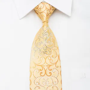 Men's Silk Necktie Damask Scrolls On Yellow Silk Sparkling With Crystal Rhinestones