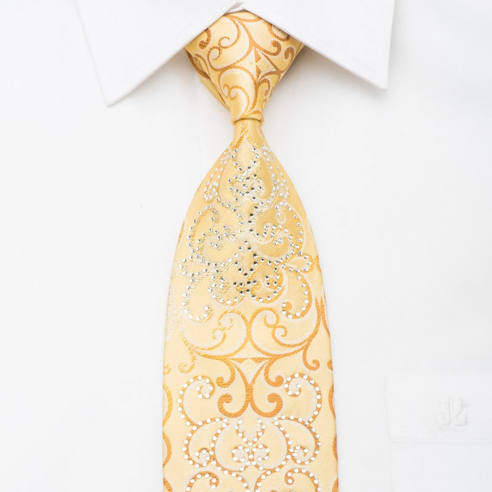 Men's Silk Necktie Damask Scrolls On Yellow Silk Sparkling With Crystal Rhinestones